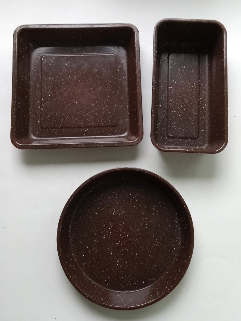 VTG Enamel Bakeware Cookware Granite Ware Brown Speckled Set of 3 Farm Kitchen